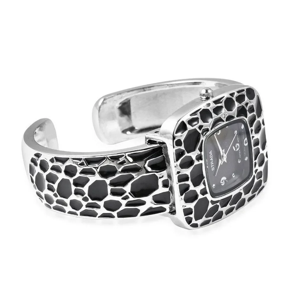 STRADA Enameled Cuff Bracelet Watch Black